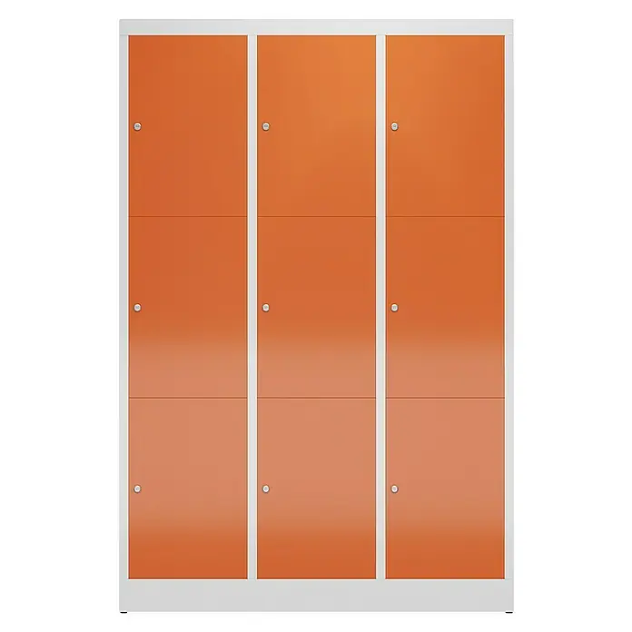 Lüllmann ClassiX Schließfachschrank - H x B x T: 180 x 118,5 x 50 cm, Lichtgrau/Feuerrot, Fertig montiert, Anzahl Fächer: 9 Stk. - Orangefarbener Spindschrank mit neun Fächern und silbernen Griffen für die sichere Aufbewahrung von Gegenständen in Schulen, Büros oder Sportanlagen.