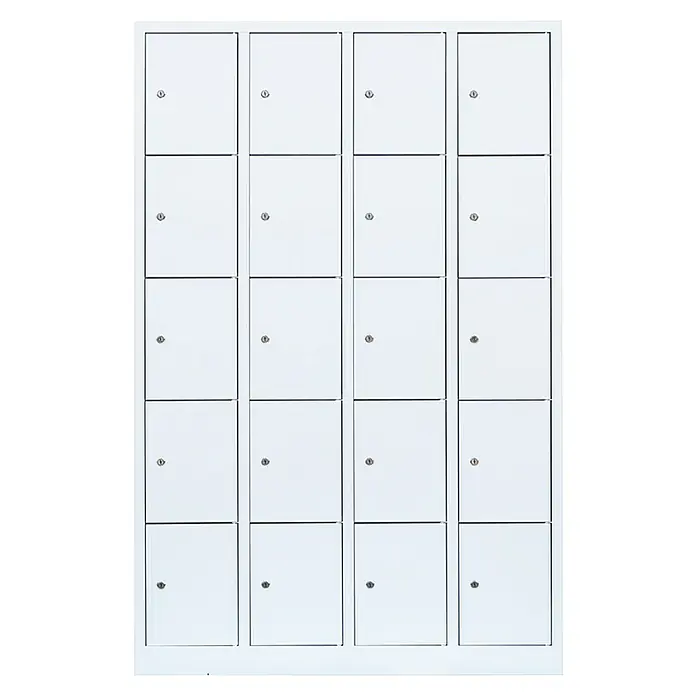 Lüllmann Schließfachschrank - H x B x T: 180 x 117 x 50 cm, Signalweiß, Fertig montiert, Anzahl Fächer: 20 Stk. - Weiße Schließfächer in einer 4x6 Anordnung, ideal für sichere Aufbewahrung. Die Schränke bieten praktische Sicherheit für persönliche Gegenstände.