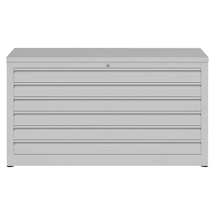Lüllmann Planschrank - H x B x T: 60,5 x 113,5 x 83,5 cm, Lichtgrau, Fertig montiert, Anzahl Schubladen: 6 Stk. - Grauer Werkzeugschrank mit fünf Schubladen und zentralem Schloss für die sichere Aufbewahrung von Werkzeugen und Ausrüstung im Arbeitsbereich.