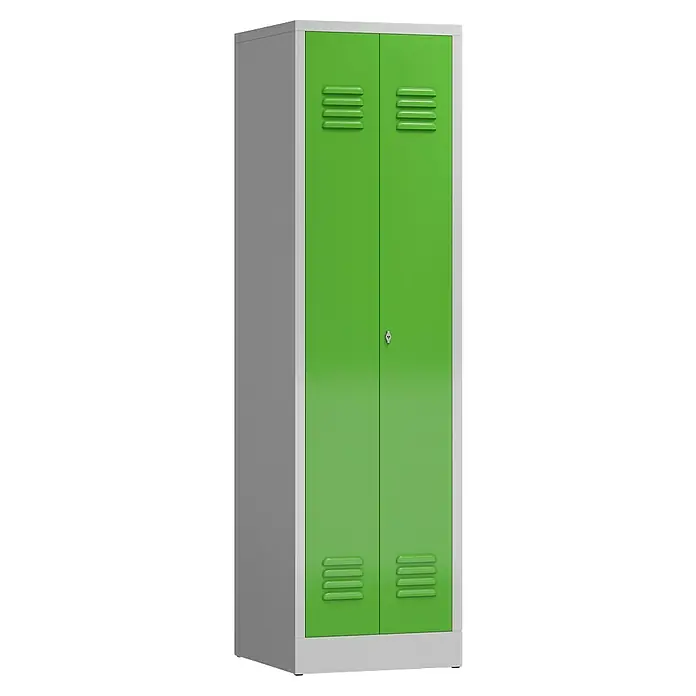 Lüllmann ClassiX Metall-Mehrzweckschrank - H x B x T: 180 x 50 x 50 cm, Lichtgrau/Gelbgrün, Fertig montiert, Anzahl Böden: 4 Stk. - Ein grüner und grauer Metallspind mit zwei Türen und Lüftungsschlitzen für Schulen, Fitnessstudios oder Umkleideräume.
