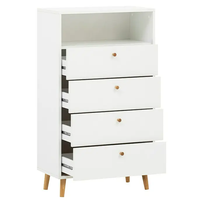 Schildmeyer Bjarne Highboard - L x B x H: 33 x 60,2 x 104,4 cm, Weiß - Weißer Holzkommode mit vier Schubladen und einem offenen Fach. Die Schubladen haben runde Holzknöpfe und stehen leicht offen.