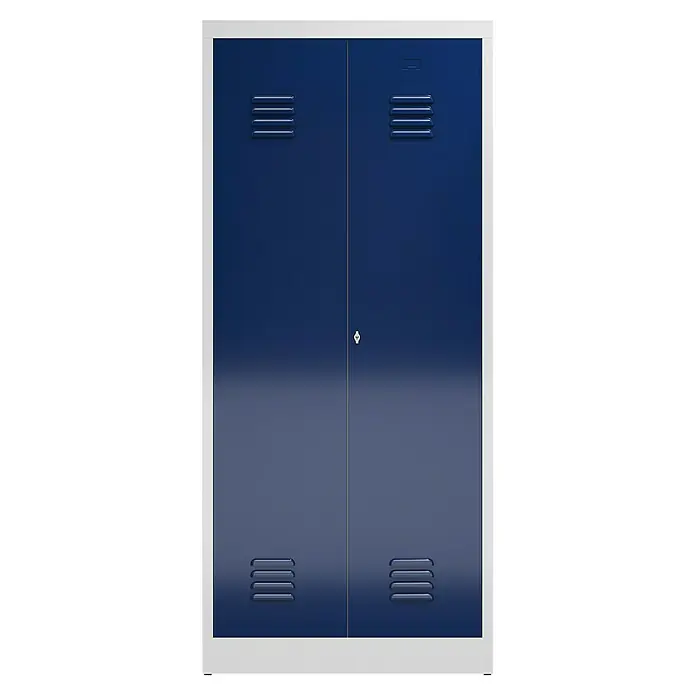 Lüllmann ClassiX Doppelspind - H x B x T: 180 x 80 x 50 cm, Lichtgrau/Enzianblau, Fertig montiert, Anzahl Fächer: 2 Stk. - Blauer Schrank mit zwei Türen und Belüftungsöffnungen in einem hellen Rahmen. Ideal für Schulen oder Umkleideräume.