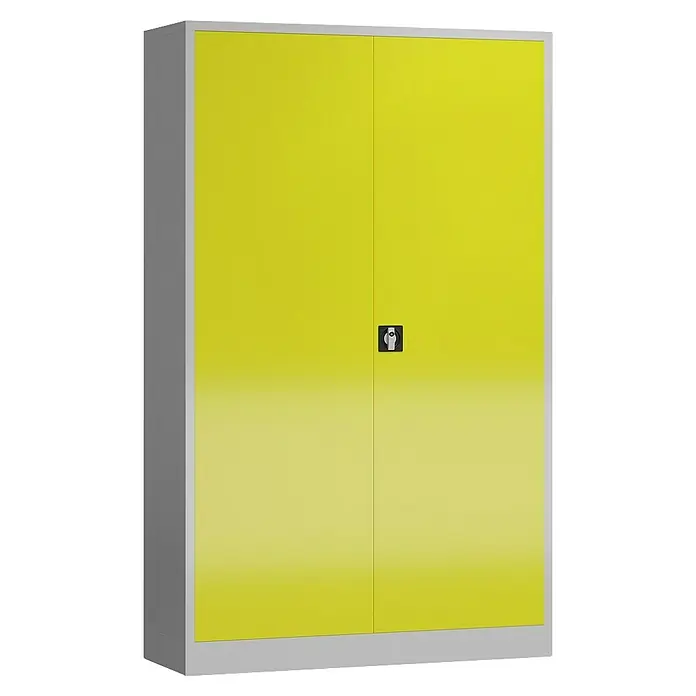 Lüllmann ClassiX Metall-Mehrzweckschrank - H x B x T: 194,5 x 120 x 60 cm, Lichtgrau/Zinkgelb, Fertig montiert, Anzahl Böden: 4 Stk. - Gelber Metallschrank mit zwei Türen und silberfarbenem Rahmen für Büro oder Werkstatt.