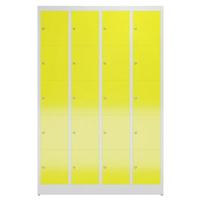 Lüllmann ClassiX Schließfachschrank - H x B x T: 180 x 118,5 x 50 cm, Lichtgrau/Zinkgelb, Fertig montiert, Anzahl Fächer: 20 Stk. - Gelbe Garderobenschränke mit jeweils vier Fächern, ideal für Schulen oder Umkleideräume. Praktische und sichere Aufbewahrungslösung.