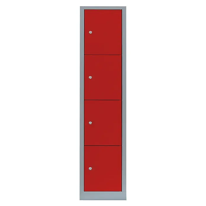 Lüllmann Schließfachschrank - H x B x T: 180 x 41,5 x 50 cm, Lichtgrau/Feuerrot, Fertig montiert, Anzahl Fächer: 4 Stk. - Ein schmaler, hochformatiger Spind mit vier roten Fächern und silbernem Rahmen, ideal für die Organisation persönlicher Gegenstände.