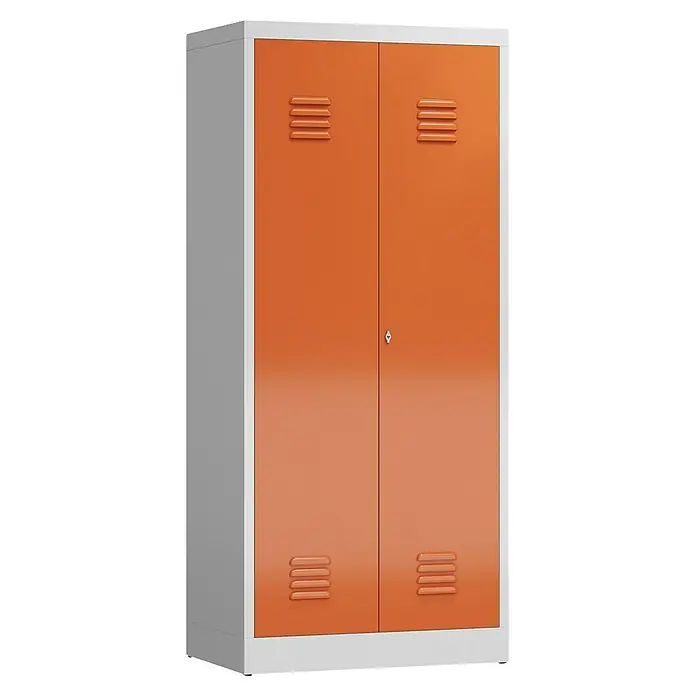 Lüllmann ClassiX Metall-Mehrzweckschrank - H x B x T: 180 x 80 x 50 cm, Lichtgrau/Feuerrot, Fertig montiert, Anzahl Böden: 4 Stk. - Abbildung eines orangefarbenen Metallschranks mit zwei Türen, der sich ideal zur Aufbewahrung eignet und ein modernes Design aufweist.