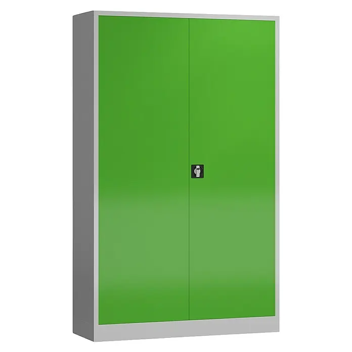 Lüllmann ClassiX Metall-Mehrzweckschrank - H x B x T: 194,5 x 120 x 60 cm, Lichtgrau/Gelbgrün, Fertig montiert, Anzahl Böden: 4 Stk. - Grüner Flügeltürenschrank mit silberfarbenem Rahmen. Der Schrank ist mit einem Drehgriff-Zylinderschloss ausgestattet.