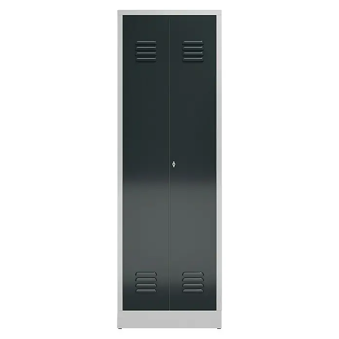Lüllmann ClassiX Metall-Mehrzweckschrank - H x B x T: 180 x 59 x 50 cm, Lichtgrau/Anthrazit, Fertig montiert, Anzahl Böden: 4 Stk. - Grauer Metallschrank mit zwei Türen, ausgestattet mit Lüftungsschlitzen und einem silbernen Rahmen. Ideal für Büro und Werkstatt.