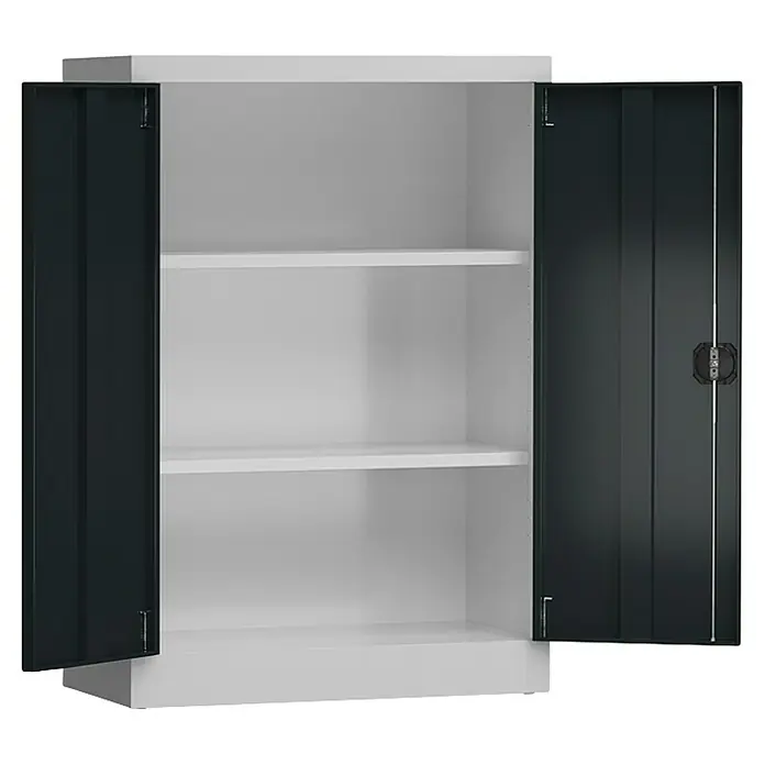 Lüllmann ClassiX Metall-Mehrzweckschrank - H x B x T: 120 x 92 x 42 cm, Lichtgrau/Anthrazit, Fertig montiert, Anzahl Böden: 2 Stk. - Ein offener, weißer Lagerschrank mit zwei schwarzen Flügeltüren und zwei Regalen zur Warenlagerung.