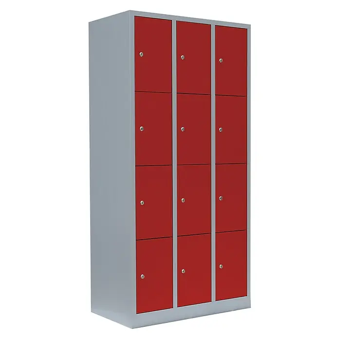 Lüllmann Schließfachschrank - H x B x T: 180 x 88,5 x 50 cm, Lichtgrau/Feuerrot, Fertig montiert, Anzahl Fächer: 12 Stk. - Rote Schließfächer: Schrank mit 12 Fächern und robusten Schlössern, ideal für die sichere Aufbewahrung von Gegenständen in verschiedenen Umgebungen.