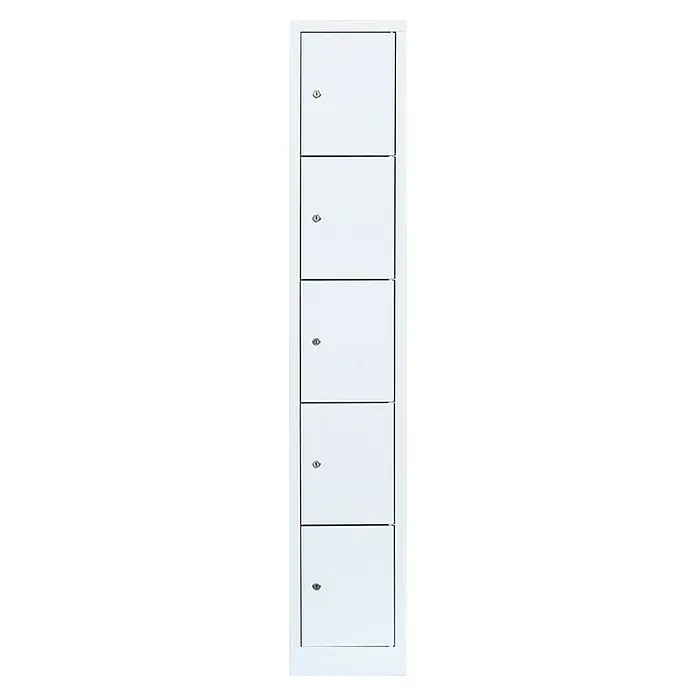 Lüllmann Schließfachschrank - H x B x T: 180 x 31,5 x 50 cm, Signalweiß, Fertig montiert, Anzahl Fächer: 5 Stk. - Ein hoher, weißer Schrank mit fünf abschließbaren Fächern, ideal für Büro oder Umkleideraum, bietet viel Stauraum.