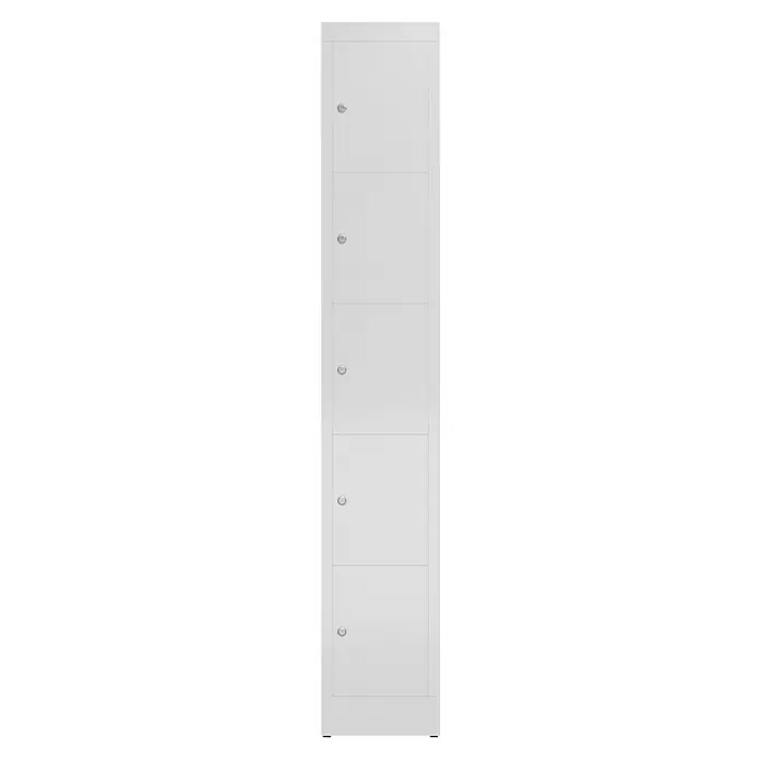 Lüllmann ClassiX Schließfachschrank - H x B x T: 180 x 31 x 50 cm, Signalweiß, Fertig montiert, Anzahl Fächer: 5 Stk. - Ein schlanker, weißer Spind mit fünf Fächern und runden Griffen, ideal für Schulen oder Umkleideräume.