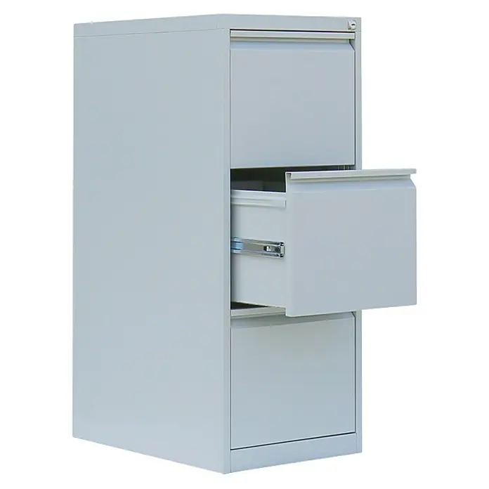 Lüllmann Hängeregisterschrank - H x B x T: 101,2 x 40 x 62 cm, Lichtgrau, Fertig montiert, Anzahl Schubladen: 3 Stk. - Grauer Aktenschrank mit drei Schubladen, wobei die mittlere Schublade teilweise geöffnet ist. Das Möbelstück ist schlicht und funktional gestaltet.