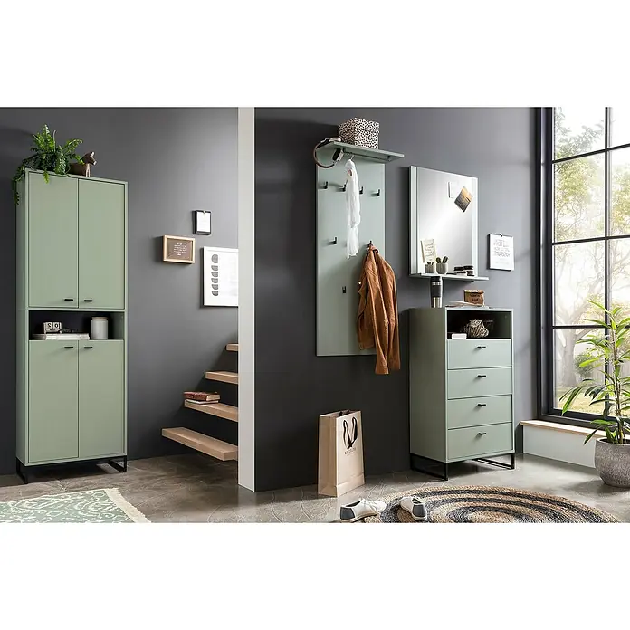 Schildmeyer Janne Schuhschrank - L x B x H: 33 x 60,2 x 185,5 cm, Pistazie, Anzahl Fächer: 1 Stk. - Einrichtungsidee für eine moderne Diele mit mintgrüner Garderobe, Kommode und Spiegel. Schaffen Sie Ordnung und Stil in Ihrem Eingangsbereich.