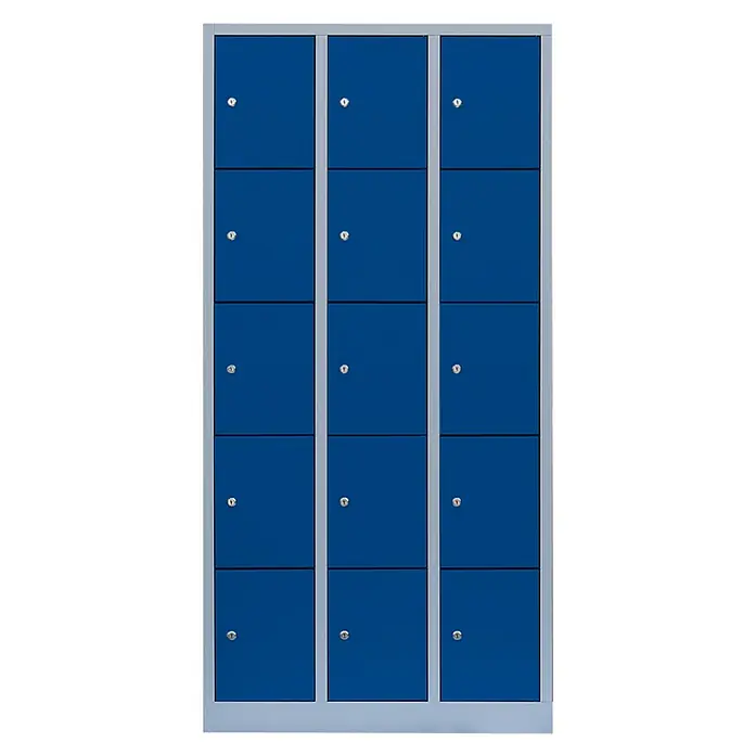 Lüllmann Schließfachschrank - H x B x T: 180 x 88,5 x 50 cm, Lichtgrau/Enzianblau, Fertig montiert, Anzahl Fächer: 15 Stk. - Blaue Spindschränke mit silberfarbenen Rahmen, ideal für die sichere Aufbewahrung in Schulen oder Umkleideräumen. Praktisch und robust.