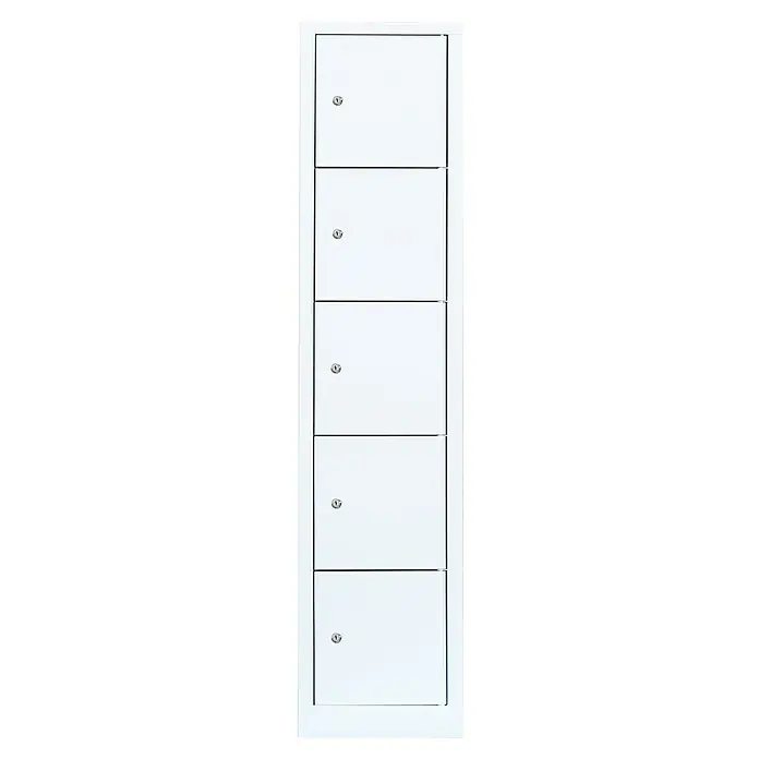 Lüllmann Schließfachschrank - H x B x T: 180 x 41,5 x 50 cm, Signalweiß, Fertig montiert, Anzahl Fächer: 5 Stk. - Ein weißer Schließfachschrank mit fünf abschließbaren Fächern. Ideal für Schulen, Büros oder Fitnessstudios zur sicheren Aufbewahrung persönlicher Gegenstände.