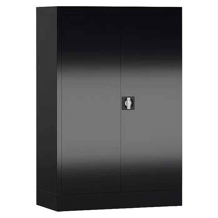 Lüllmann ClassiX Metall-Mehrzweckschrank - H x B x T: 120 x 80 x 38 cm, Tiefschwarz, Fertig montiert, Anzahl Böden: 2 Stk. - Ein Bild von einem schwarzen Metallschrank mit zwei Türen und einem Drehgriff. Der Schrank steht auf einem schwarzen Sockel.