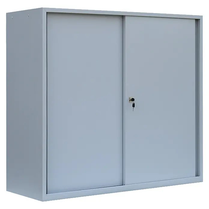 Lüllmann ClassiX Schiebetür Schrank - H x B x T: 109 x 120 x 45 cm, Lichtgrau, Fertig montiert, Anzahl Böden: 2 Stk. - Grauer Stahlschrank mit Schiebetüren und Schloss für Büro oder Werkstatt zur sicheren Aufbewahrung von Dokumenten und Materialien.