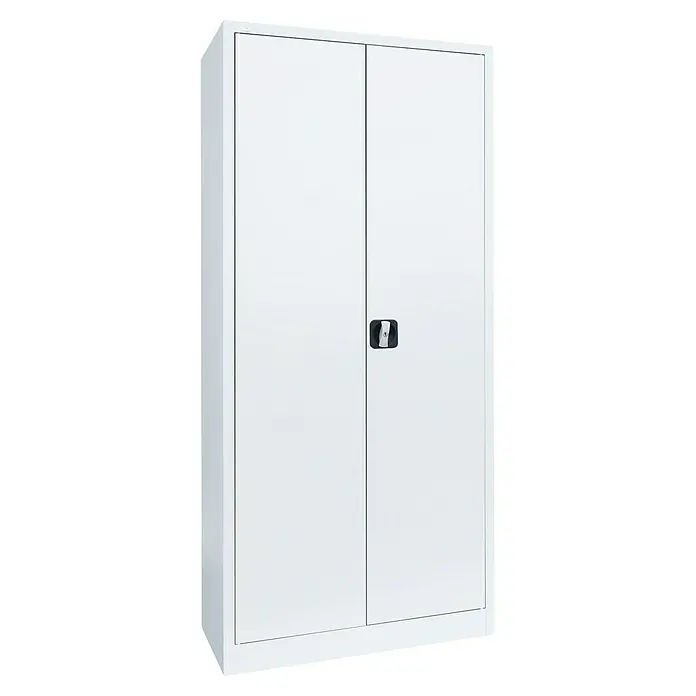Lüllmann Metall-Mehrzweckschrank - H x B x T: 180 x 80 x 38,3 cm, Signalweiß, Fertig montiert, Anzahl Böden: 3 Stk. - Aufnahme eines weißen Aktenschranks mit zwei Türen und einem schwarzen Griff.