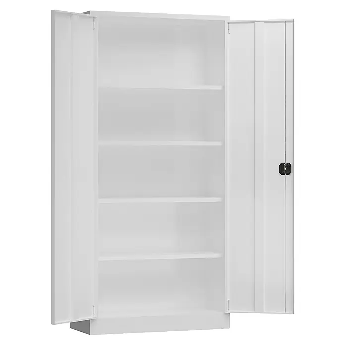 Lüllmann ClassiX Metall-Mehrzweckschrank - H x B x T: 194,5 x 92 x 42 cm, Signalweiß, Fertig montiert, Anzahl Böden: 4 Stk. - Ein weißer Metallschrank mit offenen Türen und mehreren Regalen bietet viel Stauraum. Ideal für Büro oder Werkstatt.