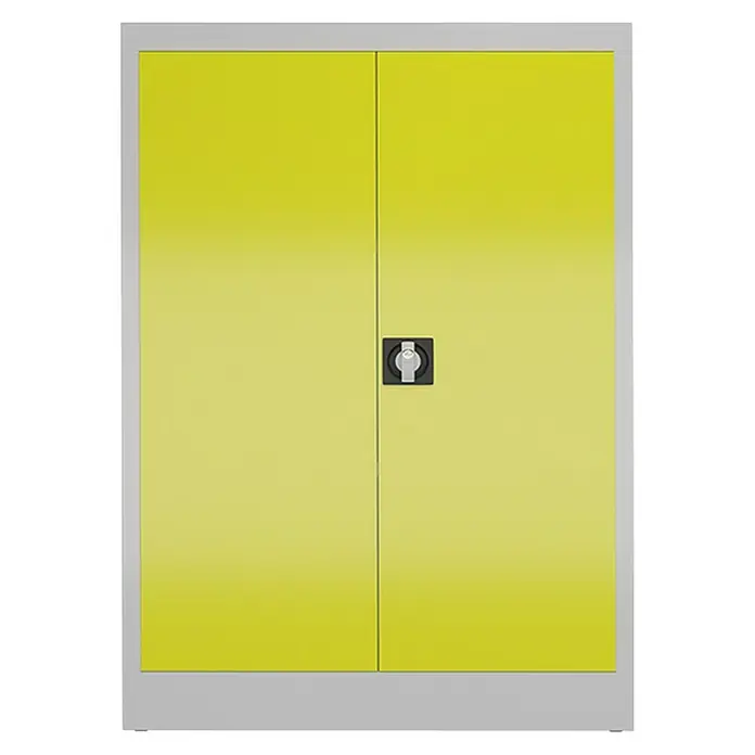 Lüllmann ClassiX Metall-Mehrzweckschrank - H x B x T: 120 x 92 x 42 cm, Lichtgrau/Zinkgelb, Fertig montiert, Anzahl Böden: 2 Stk. - Gelber Stahlschrank mit zwei Türen und einem Drehgriffschloss in der Mitte. Ideal für Werkstatt, Büro oder Lagerraum.