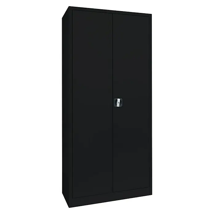 Lüllmann Metall-Mehrzweckschrank - H x B x T: 180 x 80 x 38,3 cm, Tiefschwarz, Fertig montiert, Anzahl Böden: 3 Stk. - Schwarzer Stahlschrank mit zwei Türen und einem silbernen Griff für Büro oder Werkstatt zur sicheren Aufbewahrung von Akten oder Werkzeugen.