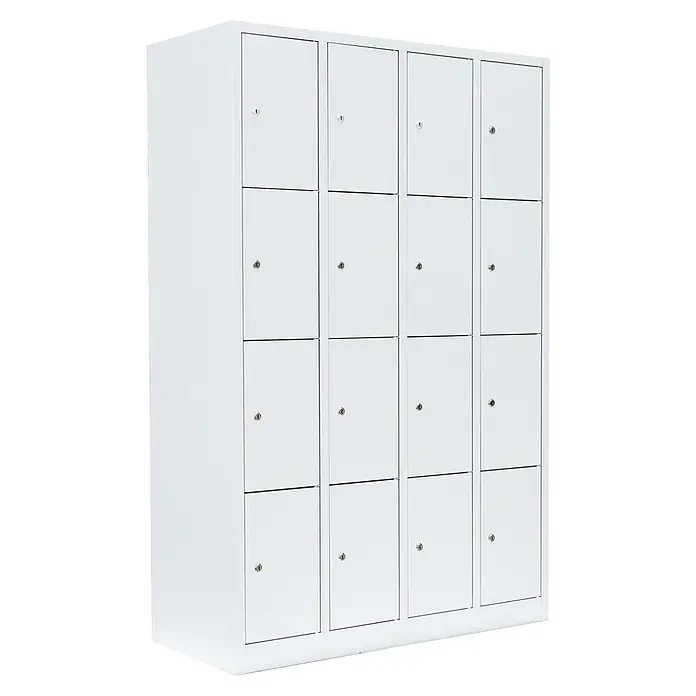 Lüllmann Schließfachschrank - H x B x T: 180 x 117 x 50 cm, Signalweiß, Fertig montiert, Anzahl Fächer: 16 Stk. - Abbildung eines weißen Schranks mit 16 abschließbaren Fächern.