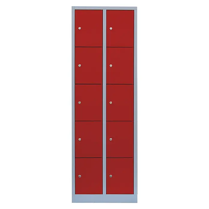 Lüllmann Schließfachschrank - H x B x T: 180 x 60 x 50 cm, Lichtgrau/Feuerrot, Fertig montiert, Anzahl Fächer: 10 Stk. - Rote Schließfächer mit silbernem Rahmen, ideal für sichere Aufbewahrung in Schulen oder Büros. Praktische und robuste Stahlkonstruktion.