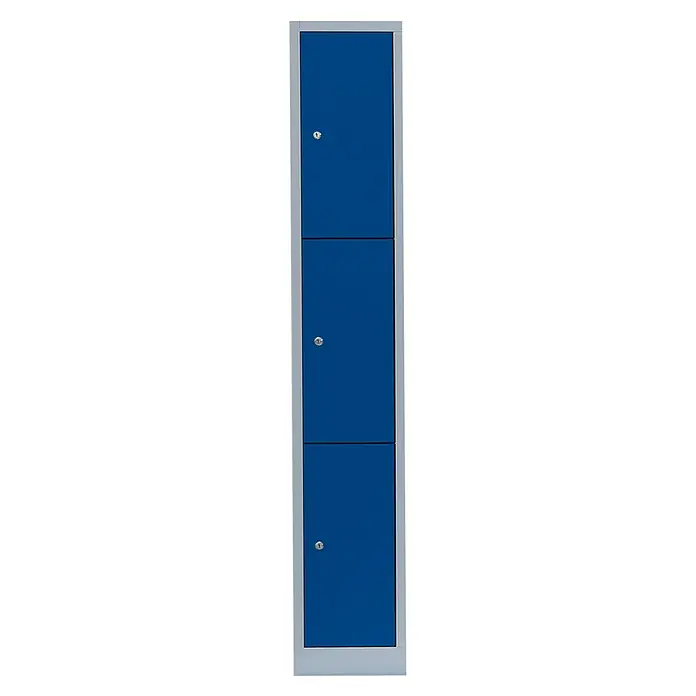 Lüllmann Schließfachschrank - H x B x T: 180 x 31,5 x 50 cm, Lichtgrau/Enzianblau, Fertig montiert, Anzahl Fächer: 3 Stk. - Blauer Spind mit drei Fächern und silbernem Rahmen. Ideal zur sicheren Aufbewahrung persönlicher Gegenstände in Umkleideräumen.