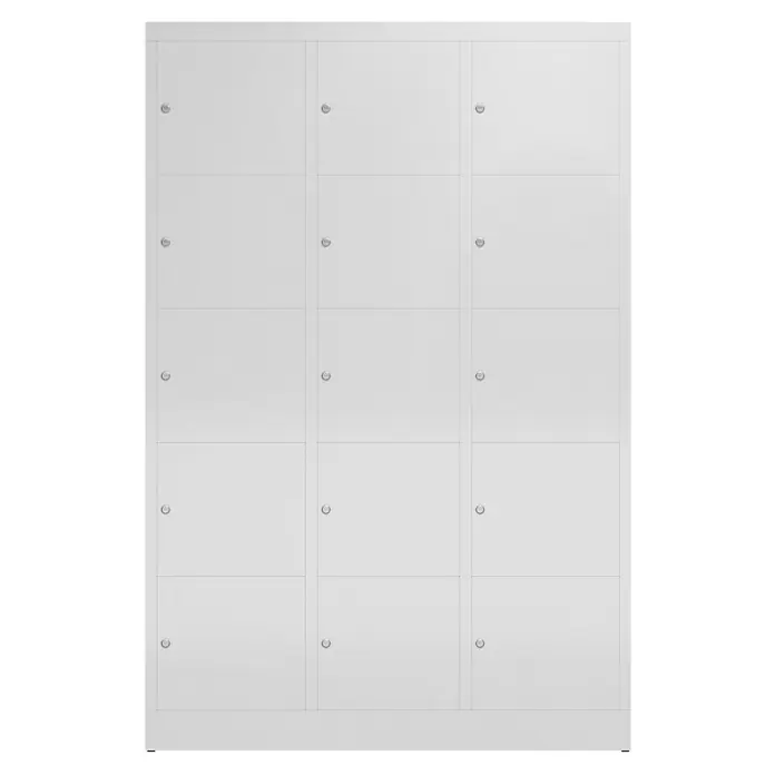 Lüllmann ClassiX Schließfachschrank - H x B x T: 180 x 118,5 x 50 cm, Lichtgrau, Fertig montiert, Anzahl Fächer: 15 Stk. - Weiße Metallschließfächer mit zwölf Fächern, ideal für Büros, Schulen oder Fitnessstudios. Sichere Aufbewahrung mit robusten Schlössern.