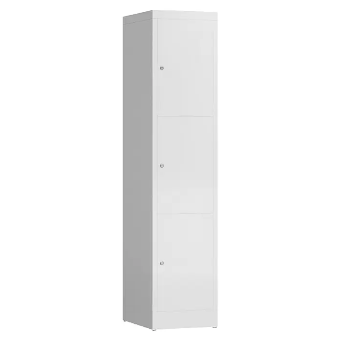 Lüllmann ClassiX Schließfachschrank - H x B x T: 180 x 41,5 x 50 cm, Signalweiß, Fertig montiert, Anzahl Fächer: 3 Stk. - Weißer, dreitüriger abschließbarer Spindschrank für die sichere Aufbewahrung von Gegenständen in Schulen, Büros und Umkleideräumen.