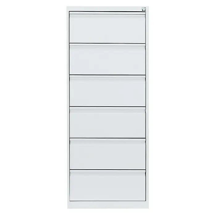 Lüllmann Hängeregisterschrank - H x B x T: 132 x 53 x 62 cm, Signalweiß, Fertig montiert, Anzahl Schubladen: 6 Stk. - Bild eines weißen Aktenschranks mit sechs Schubladen und einem Schloss oben rechts. Der Schrank ist schlicht und funktional.