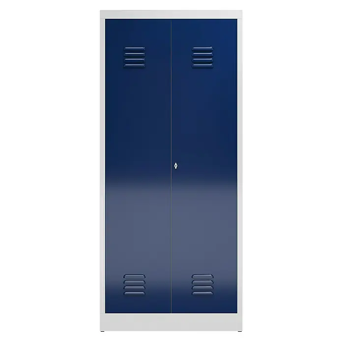 Lüllmann ClassiX Metall-Mehrzweckschrank - H x B x T: 180 x 80 x 50 cm, Lichtgrau/Enzianblau, Fertig montiert, Anzahl Böden: 4 Stk. - Blauer Metallschrank mit zwei Türen und weißen Rahmen. Das ideale Möbelstück für Ordnung und Stauraum in Büro oder Werkstatt.