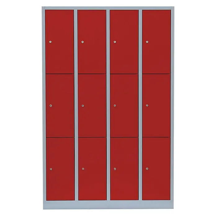 Lüllmann Schließfachschrank - H x B x T: 180 x 117 x 50 cm, Lichtgrau/Feuerrot, Fertig montiert, Anzahl Fächer: 12 Stk. - Aufnahme eines Schranks mit vier mal drei roten Fächern mit silbernem Rahmen, die sich perfekt zum sicheren Aufbewahren eignen.