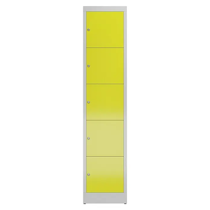 Lüllmann ClassiX Schließfachschrank - H x B x T: 180 x 41,5 x 50 cm, Lichtgrau/Zinkgelb, Fertig montiert, Anzahl Fächer: 5 Stk. - Gelber Spind mit fünf Fächern und silberfarbenen Griffen, ideal für die Aufbewahrung von persönlichen Gegenständen in Schulen oder Umkleideräumen.