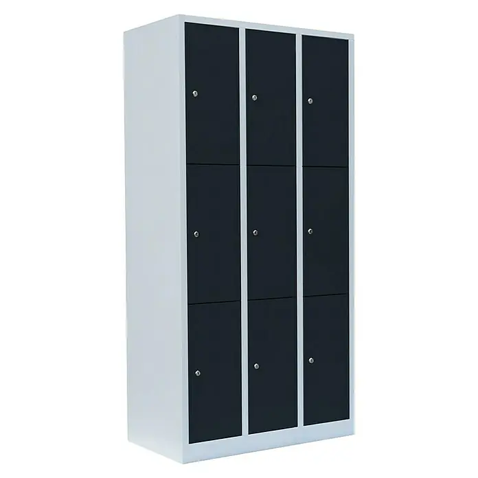 Lüllmann Schließfachschrank - H x B x T: 180 x 88,5 x 50 cm, Lichtgrau/Anthrazit, Fertig montiert, Anzahl Fächer: 9 Stk. - Ein schlanker, grauer Spindschrank mit neun abschließbaren Fächern. Ideal für Schulen, Büros oder Fitnessstudios.