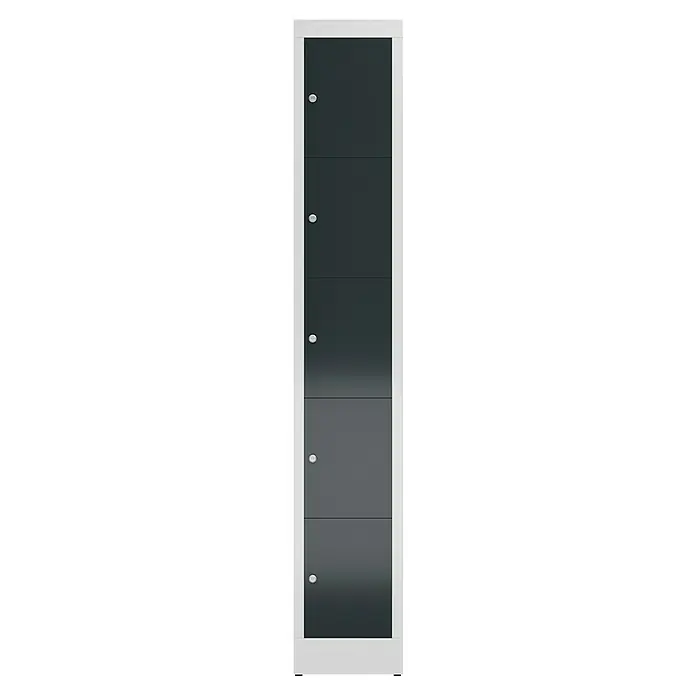 Lüllmann ClassiX Schließfachschrank - H x B x T: 180 x 31 x 50 cm, Lichtgrau/Anthrazit, Fertig montiert, Anzahl Fächer: 5 Stk. - Schlichte, graue Tür mit fünf runden Griffen in einem weißen Rahmen. Modernes Design für Innenräume.