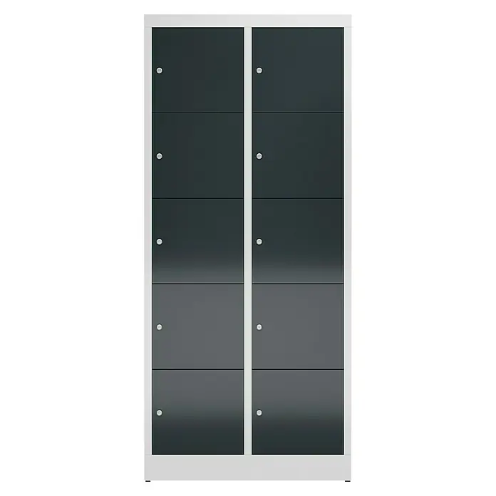 Lüllmann ClassiX Schließfachschrank - H x B x T: 180 x 80 x 50 cm, Lichtgrau/Anthrazit, Fertig montiert, Anzahl Fächer: 10 Stk. - Ein Schrank mit weißen Rahmen und grauen Türen mit runden, silbernen Griffen. Modernes Möbelstück zur Aufbewahrung und Organisation.