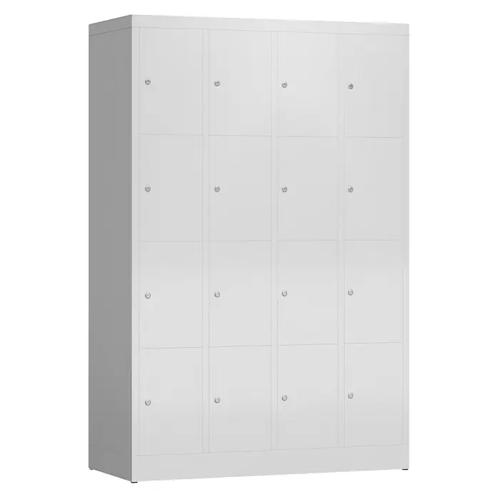 Lüllmann ClassiX Schließfachschrank - H x B x T: 180 x 118,5 x 50 cm, Lichtgrau, Fertig montiert, Anzahl Fächer: 16 Stk. - Hier ist ein Foto eines weißen Schranks mit sechzehn Fächern. Die Fächer sind mit kleinen Schlössern versehen.