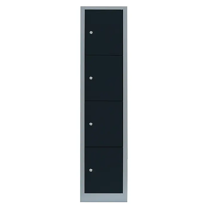 Lüllmann Schließfachschrank - H x B x T: 180 x 41,5 x 50 cm, Lichtgrau/Anthrazit, Fertig montiert, Anzahl Fächer: 4 Stk. - Schwarzer Schließfachschrank mit vier Fächern und silberfarbenem Rahmen für sichere Aufbewahrung.
