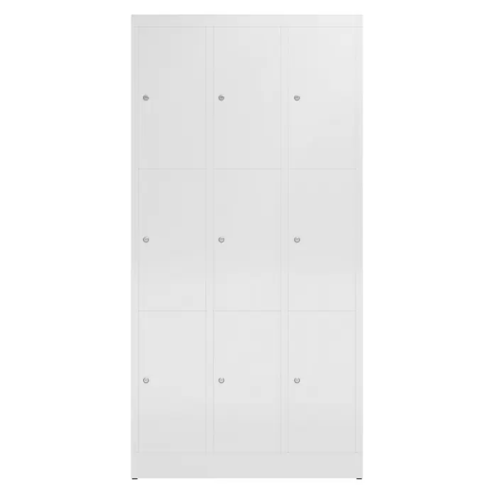 Lüllmann ClassiX Schließfachschrank - H x B x T: 180 x 87 x 50 cm, Signalweiß, Fertig montiert, Anzahl Fächer: 9 Stk. - Das Bild zeigt einen weißen Spind mit neun Fächern, der sich ideal für Schulen, Büros oder Sportvereine eignet. Der Schrank bietet viel Stauraum und ist abschließbar.