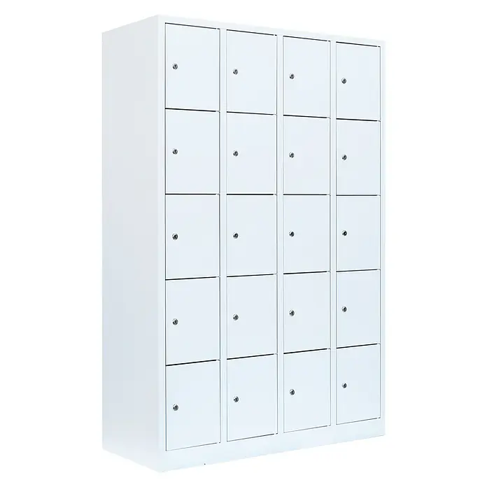 Lüllmann Schließfachschrank - H x B x T: 180 x 117 x 50 cm, Signalweiß, Fertig montiert, Anzahl Fächer: 20 Stk. - Weißer Spindschrank mit 20 Fächern in einer 4x5 Anordnung, ideal für Büro, Schule oder Fitnessstudio, mit kleinen Schlössern an jeder Tür.