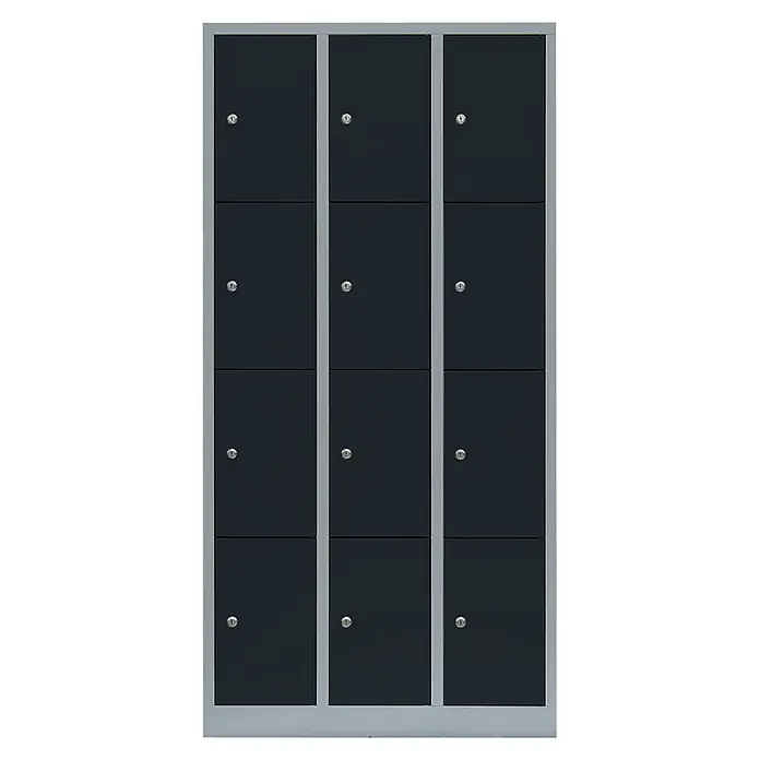 Lüllmann Schließfachschrank - H x B x T: 180 x 88,5 x 50 cm, Lichtgrau/Anthrazit, Fertig montiert, Anzahl Fächer: 12 Stk. - Bild eines grauen Spindschranks mit zwölf grauen Türen, die jeweils mit einem Schloss versehen sind.