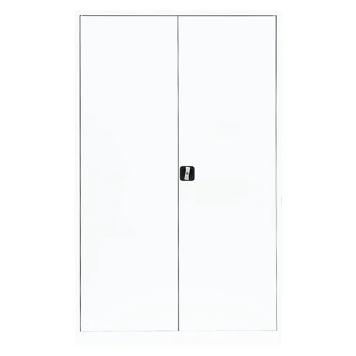 Lüllmann Metall-Mehrzweckschrank - H x B x T: 195 x 120 x 42,2 cm, Signalweiß, Fertig montiert, Anzahl Böden: 4 Stk. - Ein weißer Metallschrank mit zwei Türen und einem schwarzen Griff. Ideal zur Aufbewahrung im Büro oder Zuhause.