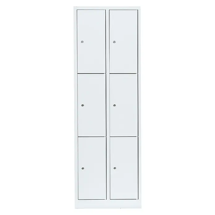 Lüllmann Schließfachschrank - H x B x T: 180 x 60 x 50 cm, Signalweiß, Fertig montiert, Anzahl Fächer: 6 Stk. - Das Bild zeigt einen weißen Schrank mit sechs Fächern und Schlössern an jeder Tür. Ideal für die sichere Aufbewahrung persönlicher Gegenstände.