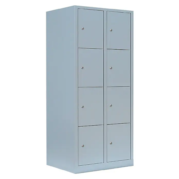 Lüllmann Schließfachschrank - H x B x T: 180 x 80 x 50 cm, Lichtgrau, Fertig montiert, Anzahl Fächer: 8 Stk. - Metallschrank mit acht Fächern. Der Schrank in hellem Grau besitzt abschließbare Türen und bietet viel Stauraum. Ideal für Büros oder Schulen.