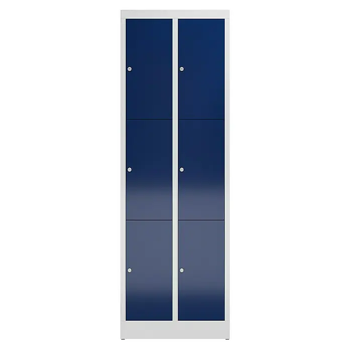 Lüllmann ClassiX Schließfachschrank - H x B x T: 180 x 59 x 50 cm, Lichtgrau/Enzianblau, Fertig montiert, Anzahl Fächer: 6 Stk. - Blauer Spind mit sechs Fächern und weißen Akzenten, ideal zur Aufbewahrung von persönlichen Gegenständen in Schulen oder Sporteinrichtungen.