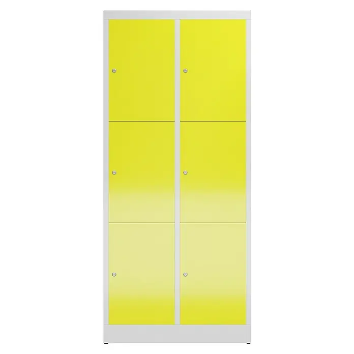 Lüllmann ClassiX Schließfachschrank - H x B x T: 180 x 80 x 50 cm, Lichtgrau/Zinkgelb, Fertig montiert, Anzahl Fächer: 6 Stk. - Gelber Spindschrank mit sechs Fächern und silbernen Schlössern, ideal für Schulen, Fitnessstudios oder Büros zur sicheren Aufbewahrung.