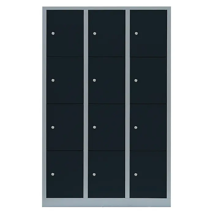 Lüllmann Schließfachschrank - H x B x T: 180 x 118,5 x 50 cm, Lichtgrau/Anthrazit, Fertig montiert, Anzahl Fächer: 12 Stk. - Bild eines modularen Schranksystems mit zwölf abschließbaren Fächern und einem robusten, silberfarbenen Rahmen für sichere Aufbewahrung.