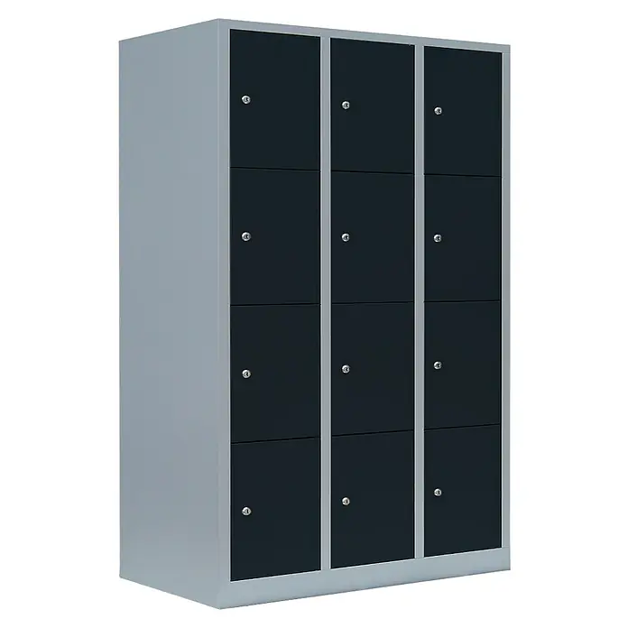 Lüllmann Schließfachschrank - H x B x T: 180 x 118,5 x 50 cm, Lichtgrau/Anthrazit, Fertig montiert, Anzahl Fächer: 12 Stk. - Abbildung eines grau und blaues Spindschranks mit 12 Fächern mit Schlössern. Ideal für Sportanlagen, Schulen oder Büros.